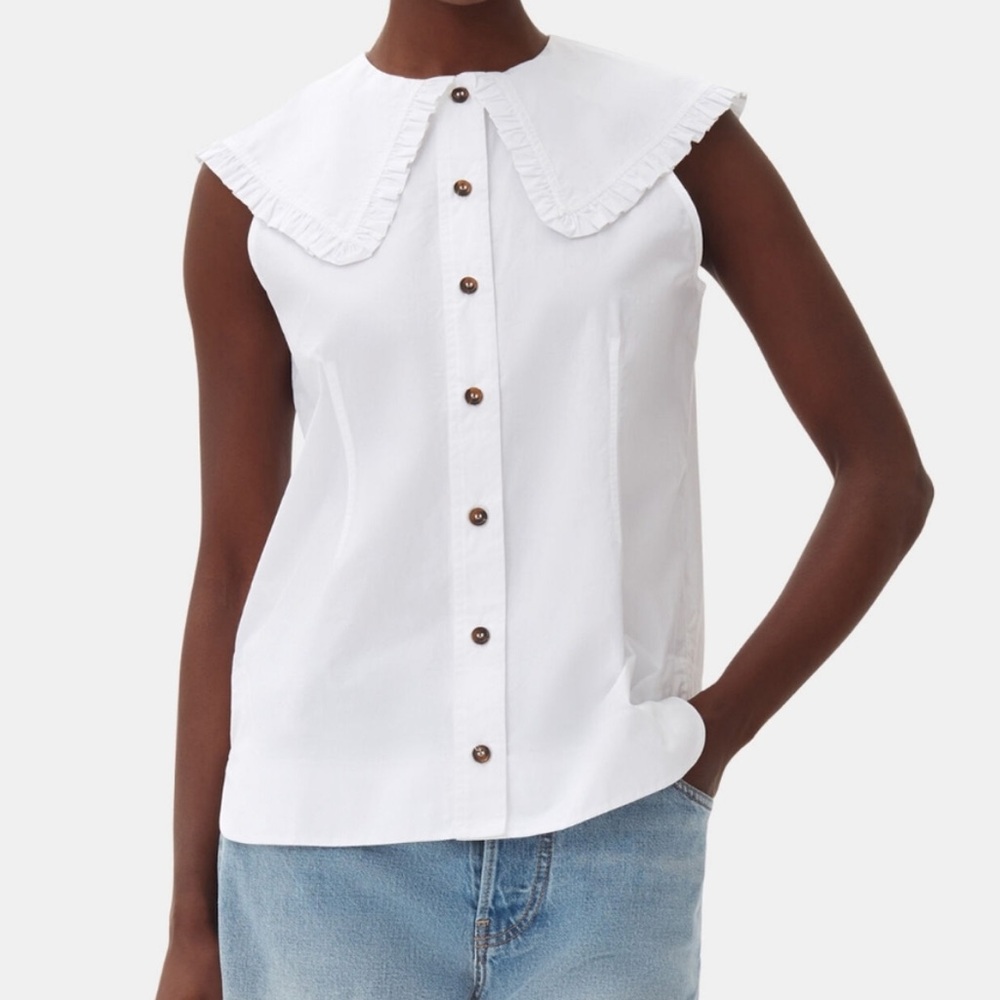Ganni White Ruffled Collar Sleeveless Shirt